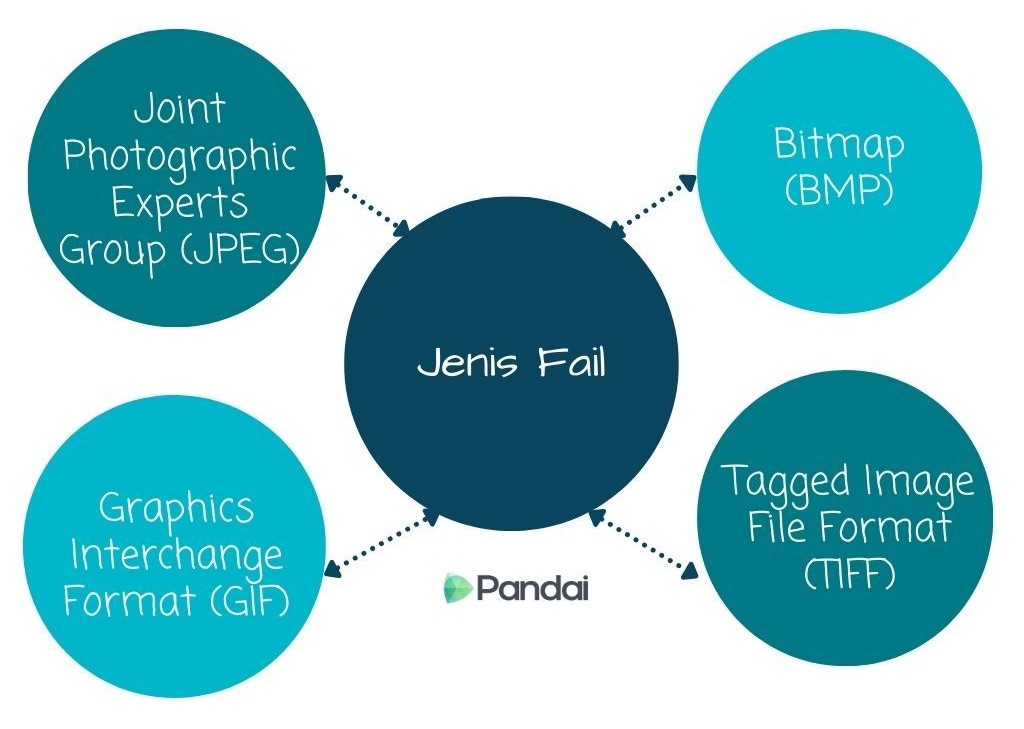 Imej ini menunjukkan rajah yang menerangkan jenis-jenis fail imej. Di tengah-tengah rajah terdapat bulatan besar berwarna biru gelap dengan teks ‘Jenis Fail’. Terdapat empat bulatan yang lebih kecil di sekeliling bulatan besar tersebut, masing-masing dihubungkan dengan garis putus-putus. Bulatan-bulatan kecil ini mengandungi teks berikut: 1. ‘Joint Photographic Experts Group (JPEG)’ 2.’Bitmap (BMP)’ 3. ‘Graphics Interchange Format (GIF)’ 4. ‘Tagged Image File Format (TIFF)’ Di bahagian bawah bulatan besar, terdapat logo ‘Pandai’.