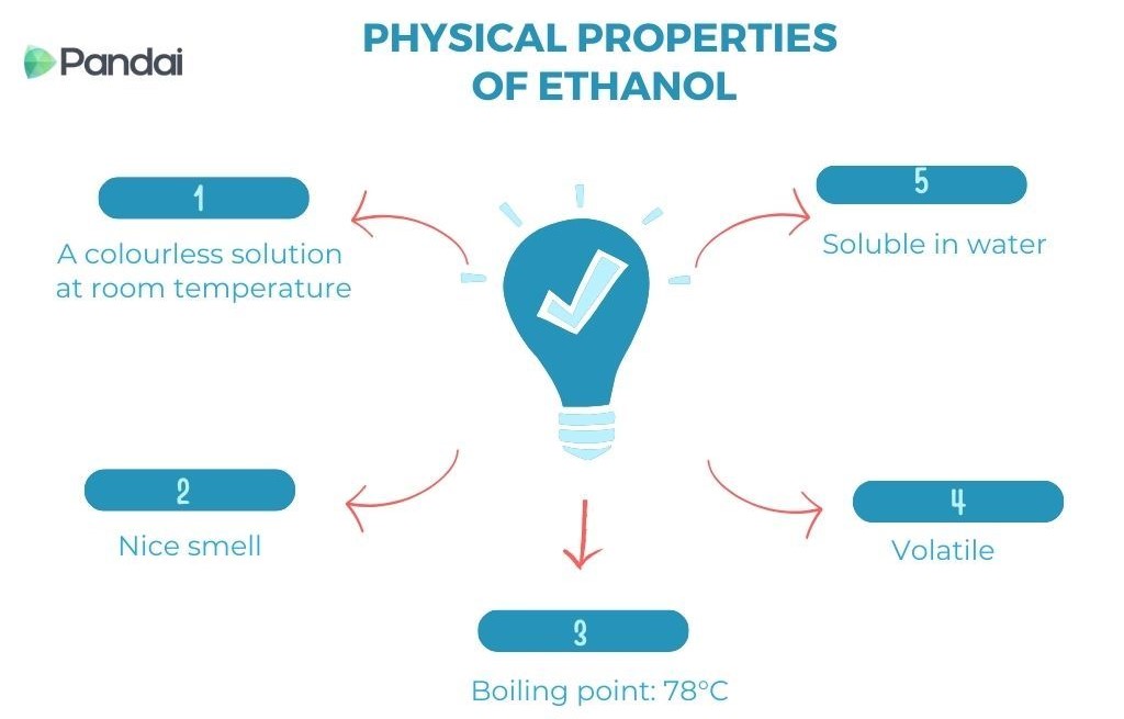 The image is an infographic titled ‘Physical Properties of Ethanol.’ It features a central light bulb icon with a checkmark, surrounded by five properties of ethanol, each in a blue box with an associated number: 1. A colourless solution at room temperature 2. Nice smell 3. Boiling point: 78°C 4. Volatile 5. Soluble in water The infographic is branded with the Pandai logo in the top left corner.