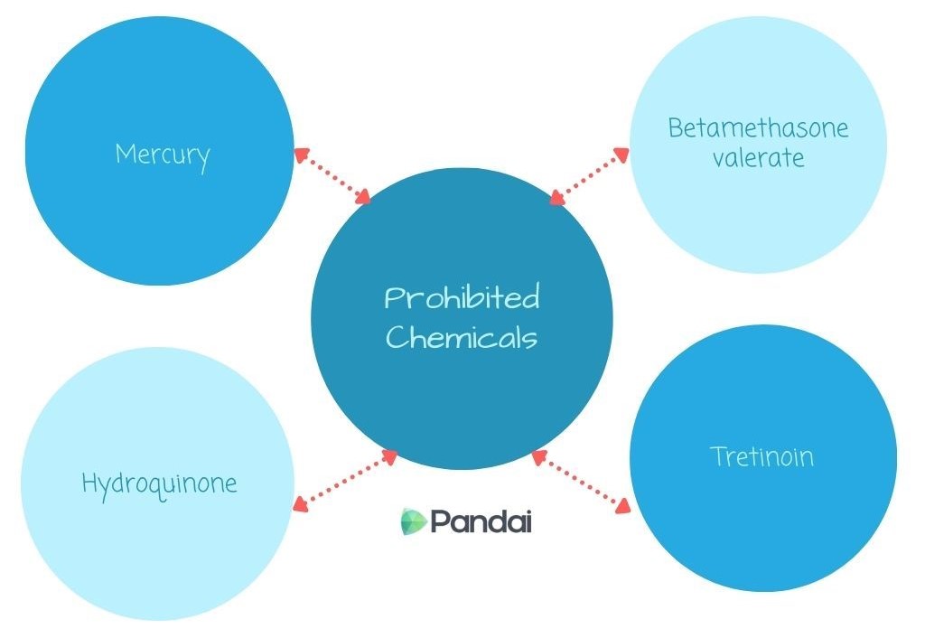 The image is an infographic that lists prohibited chemicals. It features a central circle labeled ‘Prohibited Chemicals’ with four connected circles, each naming a specific chemical: Mercury, Betamethasone valerate, Hydroquinone, and Tretinoin. The Pandai logo is at the bottom center.