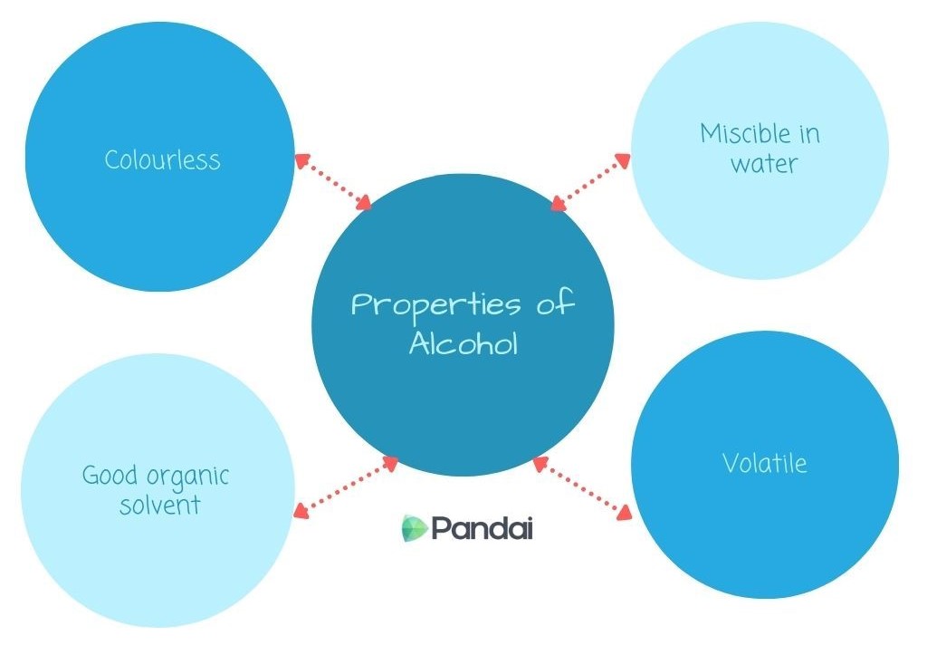 The image is a diagram illustrating the properties of alcohol. It consists of a central blue circle labeled ‘Properties of Alcohol’ with four surrounding blue circles connected by dashed red arrows. The four circles are labeled: 1. Colourless 2. Miscible in water 3. Volatile 4. Good organic solvent The diagram is simple and uses a light blue color scheme. The Pandai logo is at the bottom center.