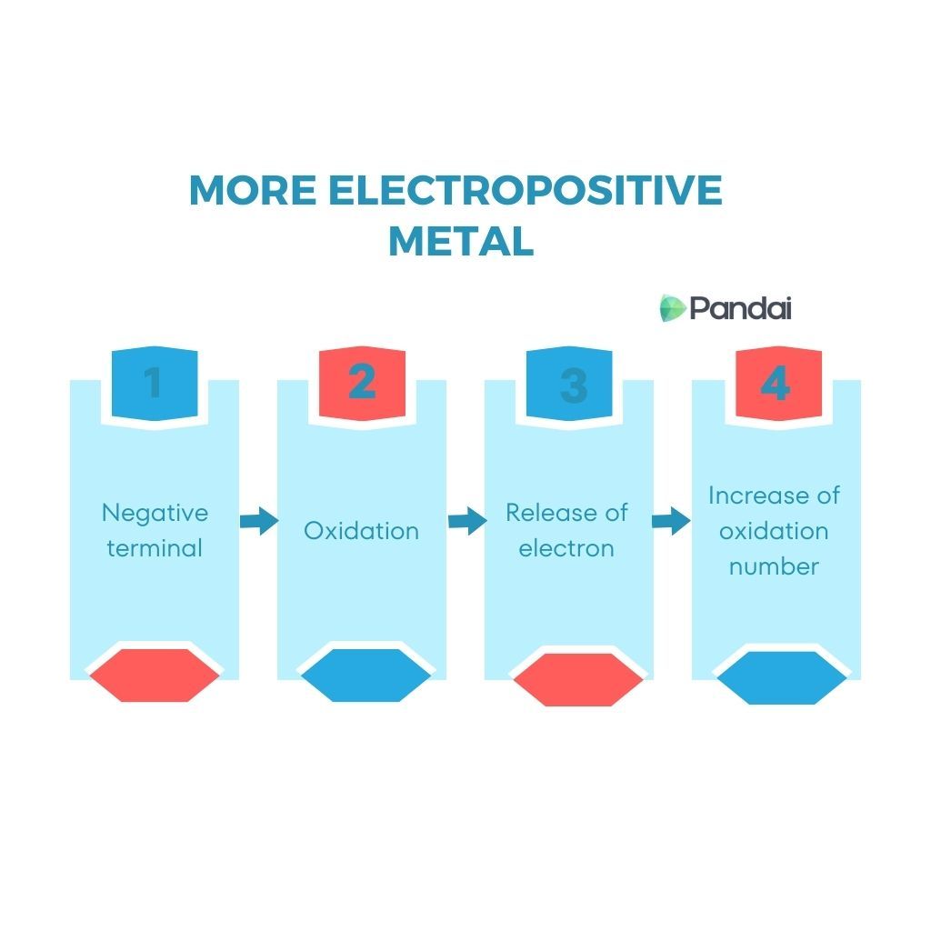 This image is an infographic titled ‘More Electropositive Metal.’ It features a four-step process: 1. Negative terminal 2. Oxidation 3. Release of electron 4. Increase of oxidation number Each step is represented by a rectangular box with arrows indicating the sequence from one step to the next. The boxes have a blue and red color scheme, and the logo ‘Pandai’ is present at the top right corner.