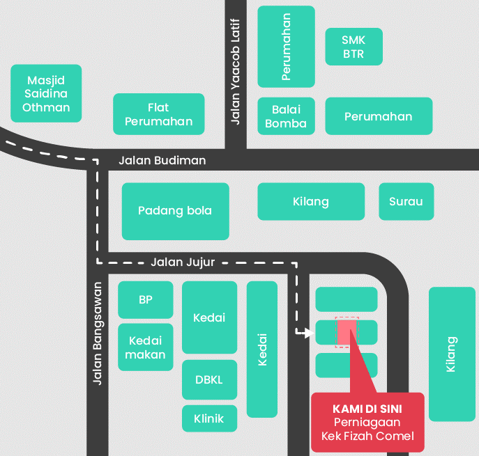 Peta ini menunjukkan kawasan sekitar Jalan Budiman dan Jalan Jujur. Terdapat beberapa bangunan dan tempat penting seperti berikut: - Masjid Saidina Othman di sebelah kiri atas. - Flat Perumahan dan SMK BTR di sebelah atas. - Balai Bomba dan kawasan perumahan di sebelah kanan atas. - Padang bola di tengah-tengah. - Beberapa kilang di sebelah kanan. - Surau di sebelah kanan bawah. - Beberapa kedai, kedai makan, DBKL, dan klinik di sepanjang Jalan Jujur. - Lokasi perniagaan Kek Fizah Comel ditandakan dengan anak panah merah di sebelah kanan bawah. Jalan