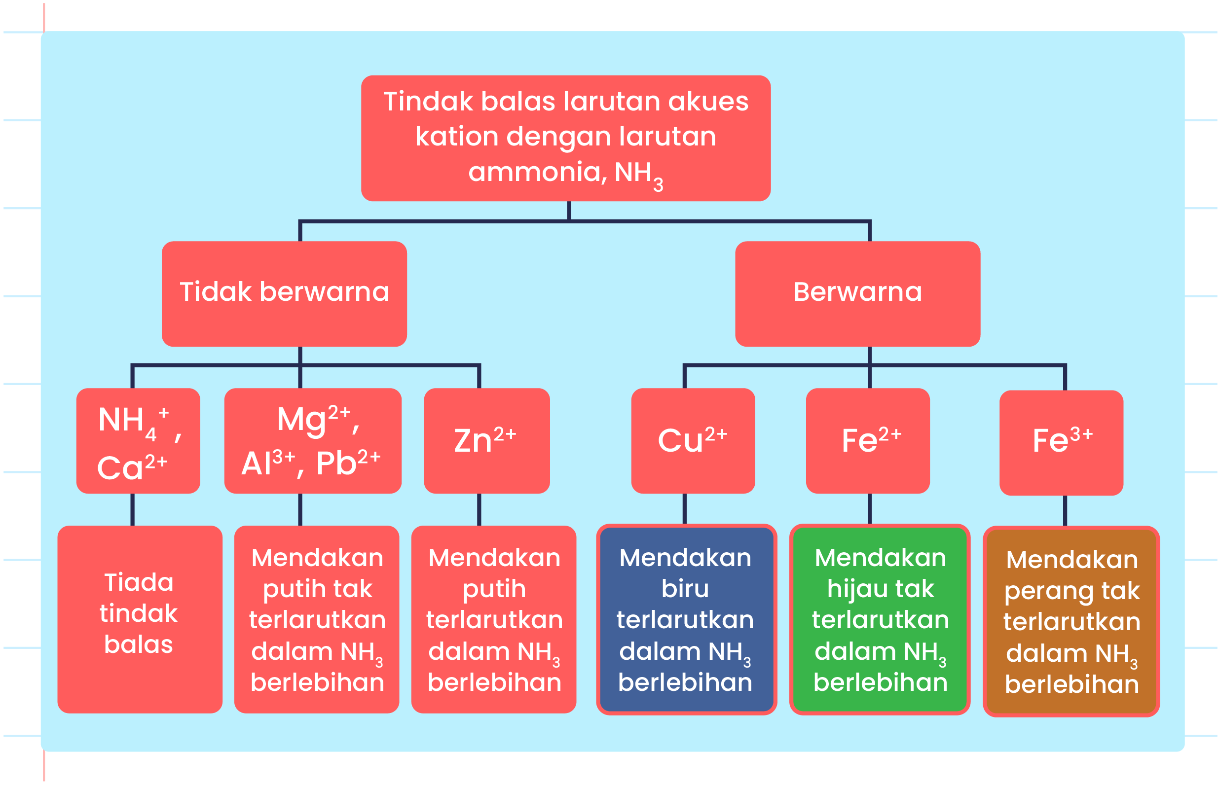 Imej ini menunjukkan carta alir yang menerangkan tindak balas larutan akues kation dengan larutan ammonia (NH₃). Carta ini dibahagikan kepada dua bahagian utama: ‘Tidak berwarna’ dan ‘Berwarna’. Di bahagian ‘Tidak berwarna’, terdapat tiga kation: 1. NH₄⁺, Ca²⁺ - Tiada tindak balas. 2. Mg²⁺, Al³⁺, Pb²⁺ - Mendakan putih tak terlarutkan dalam NH₃ berlebihan. 3. Zn²⁺ - Mendakan putih terlarutkan dalam NH₃ berlebihan. Di bahagian ‘Berwarna’, terdapat tiga kation: